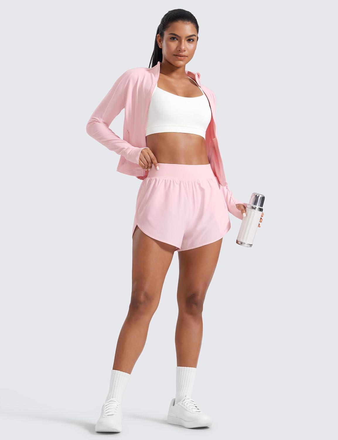 imageCRZ YOGA Dolphin Flat Waist Athletic Shorts for Women 3quot High Rise Quick Dry for Running Workout Gym Track with Zip PocketsStrawberry Pink