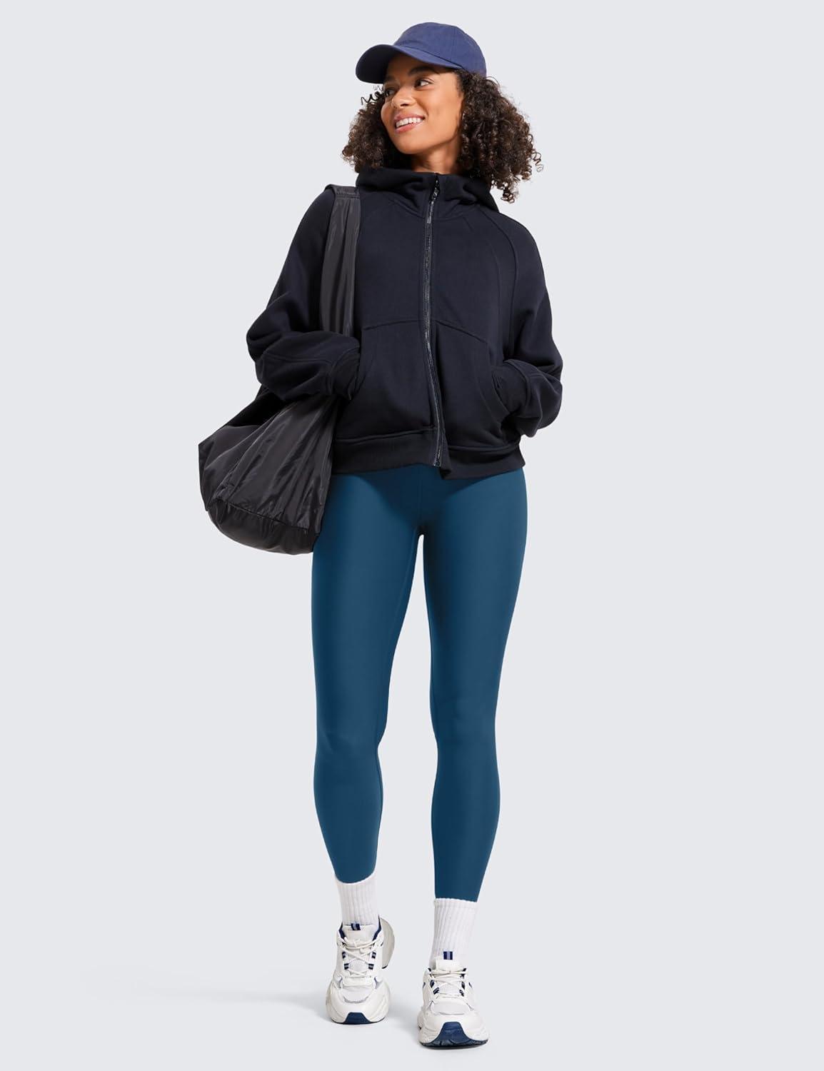 imageCRZ YOGA Fleece Lined Leggings 28 Thermal Casual Lounge Workout Yoga Womens Full Length Pants Winter WarmFrench Navy