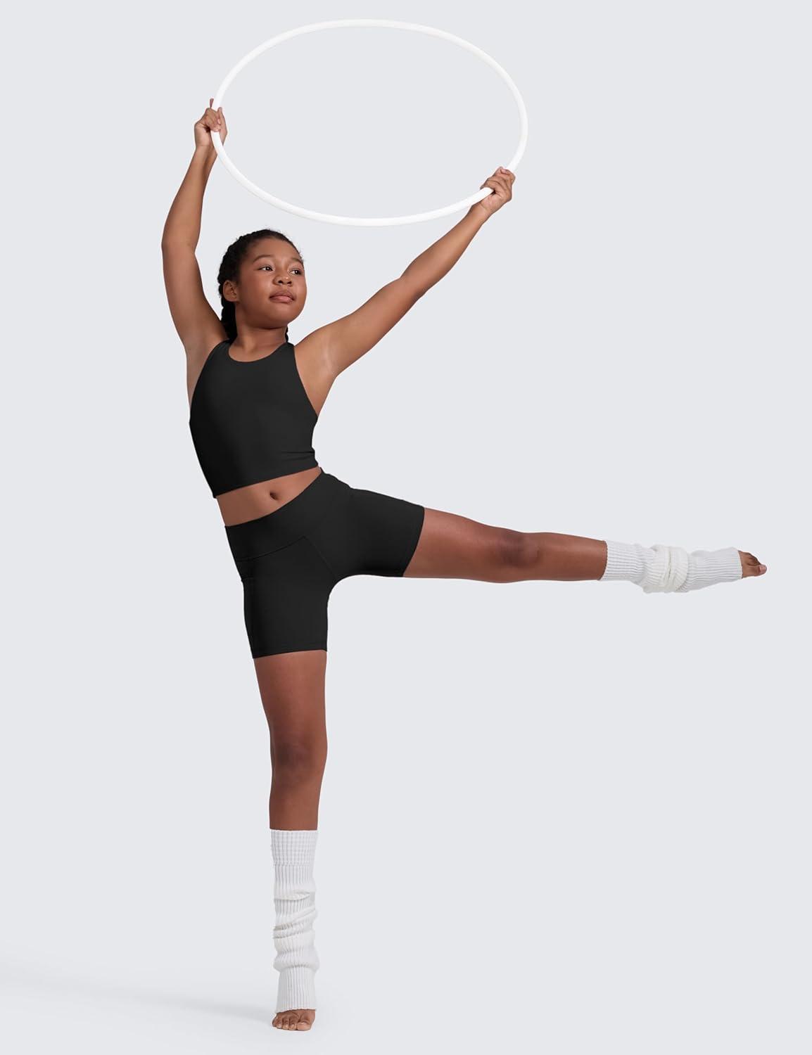 imageCRZ YOGA Girls Butterluxe Double Lined Crop High Neck Tank Tops Dance Yoga Athletic Casual Racerback Tight Kids TeenBlack