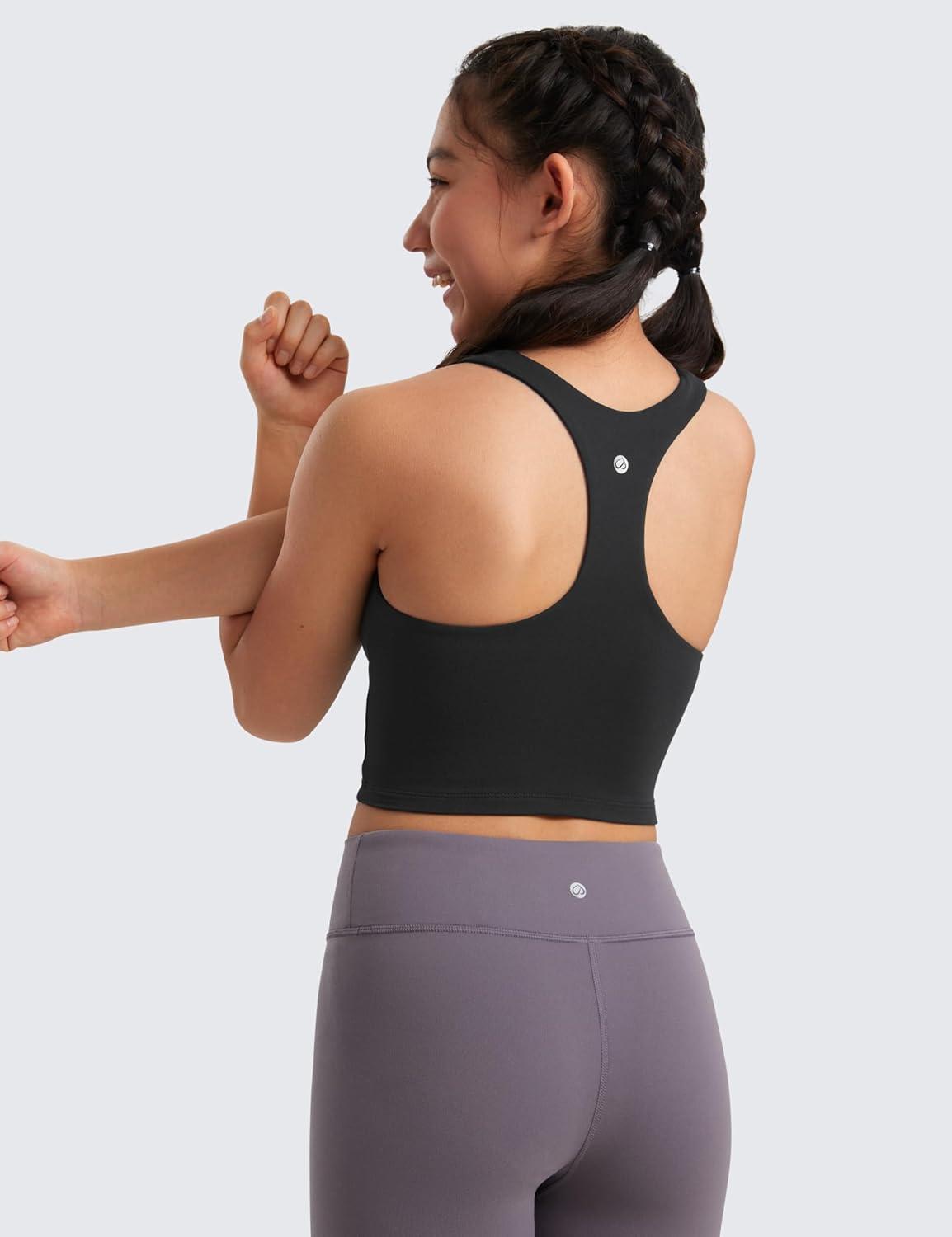 imageCRZ YOGA Girls Butterluxe Double Lined Crop High Neck Tank Tops Dance Yoga Athletic Casual Racerback Tight Kids TeenBlack