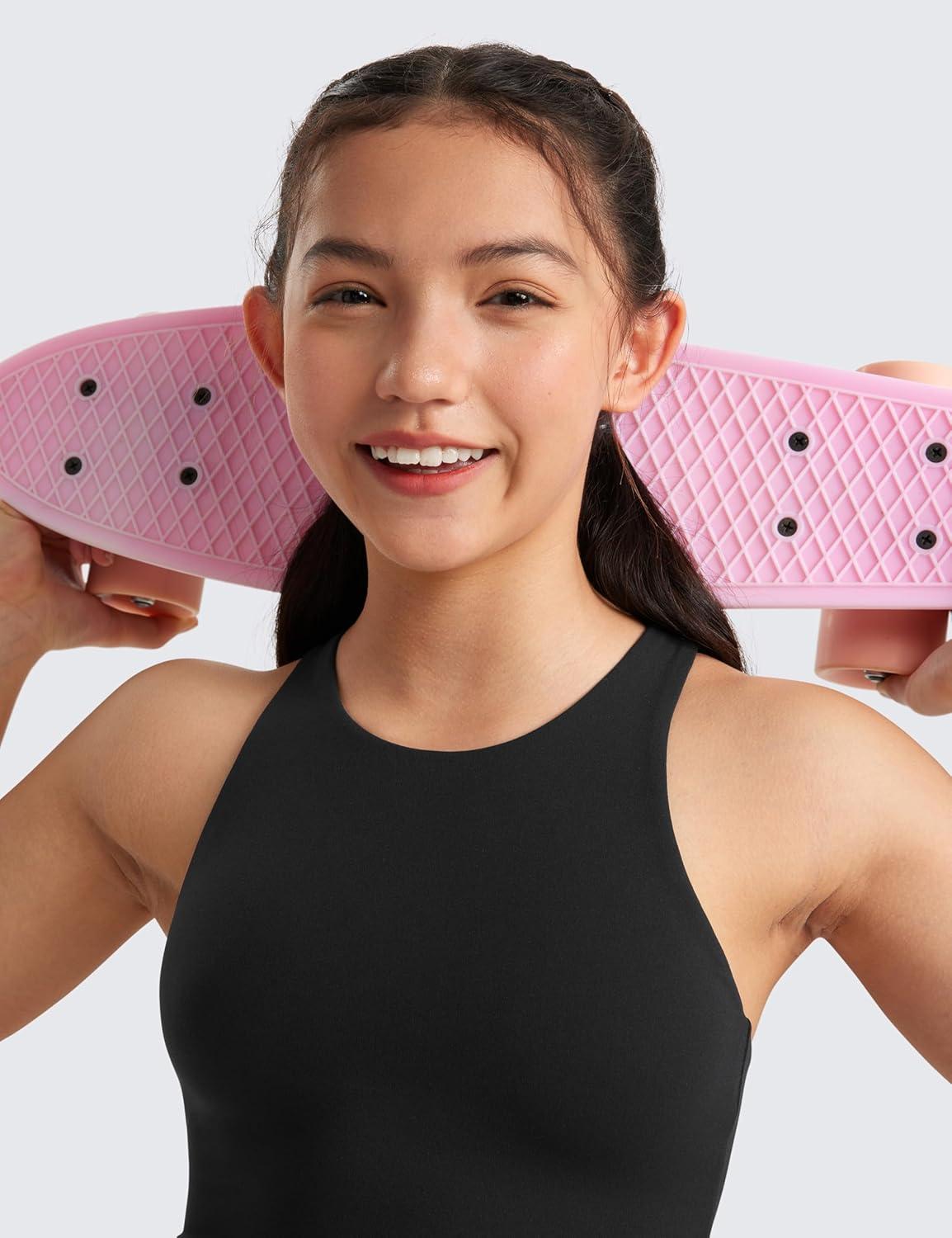 imageCRZ YOGA Girls Butterluxe Double Lined Crop High Neck Tank Tops Dance Yoga Athletic Casual Racerback Tight Kids TeenBlack