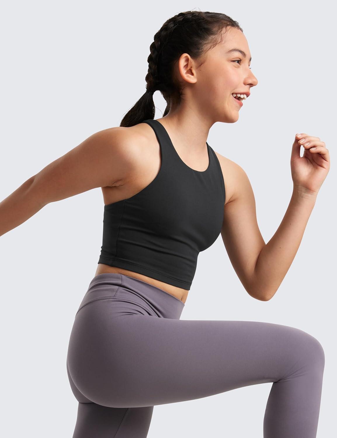 imageCRZ YOGA Girls Butterluxe Double Lined Crop High Neck Tank Tops Dance Yoga Athletic Casual Racerback Tight Kids TeenBlack
