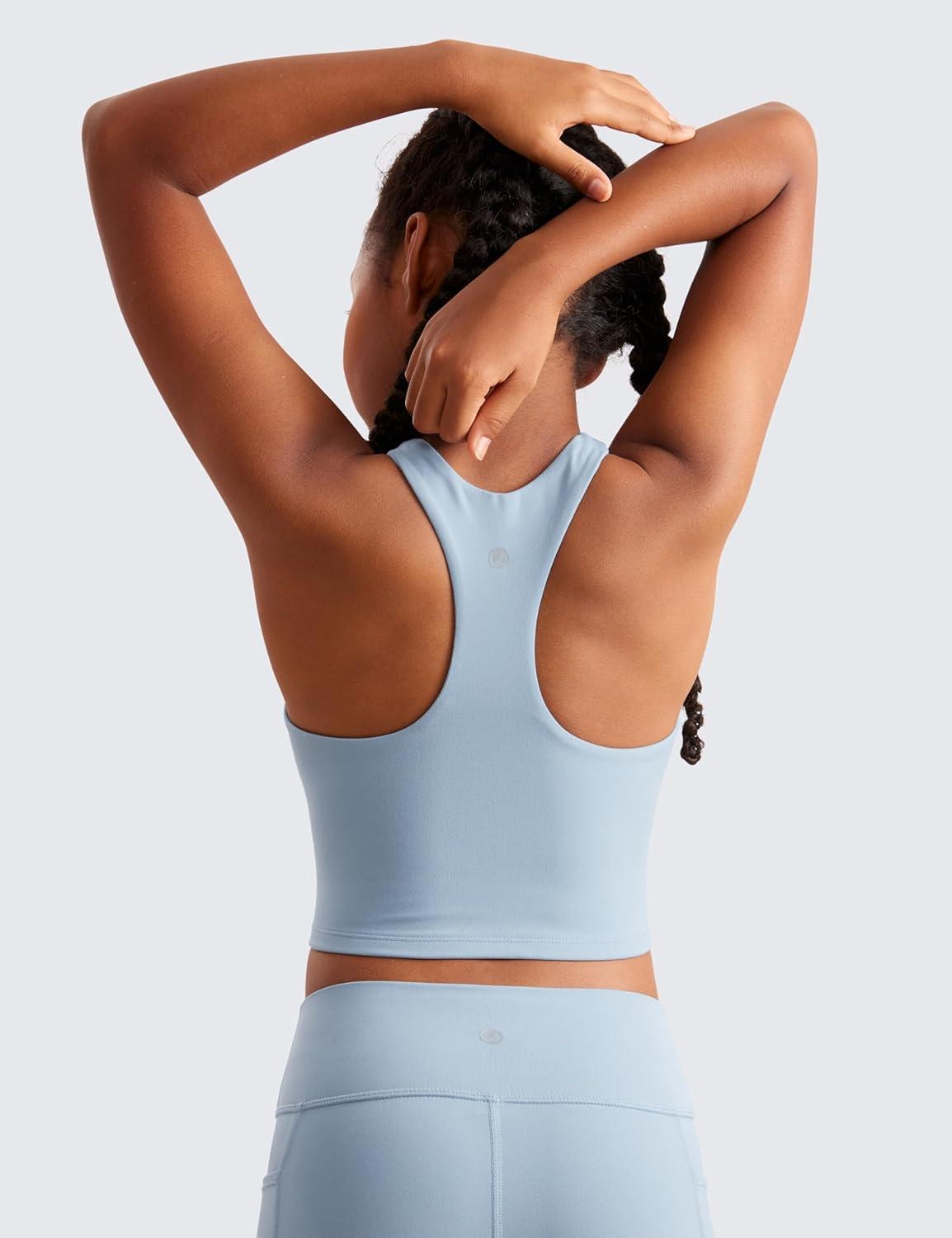 imageCRZ YOGA Girls Butterluxe Double Lined Crop High Neck Tank Tops Dance Yoga Athletic Casual Racerback Tight Kids TeenCambric Blue