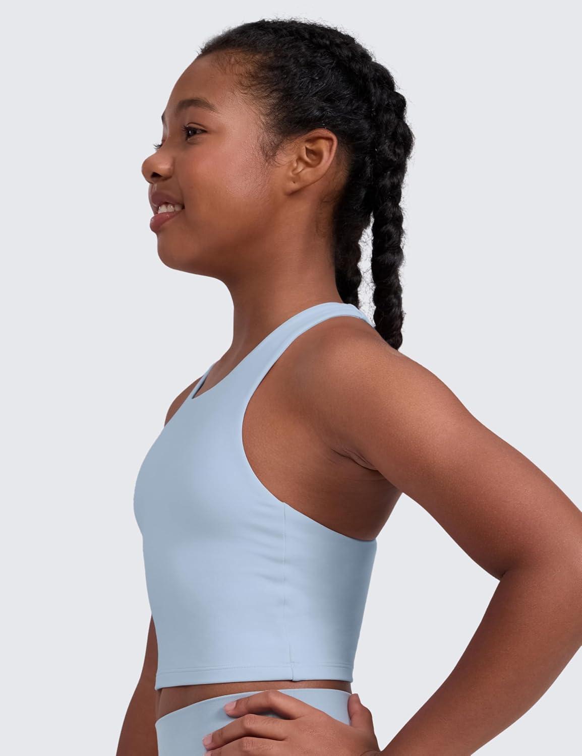 imageCRZ YOGA Girls Butterluxe Double Lined Crop High Neck Tank Tops Dance Yoga Athletic Casual Racerback Tight Kids TeenCambric Blue