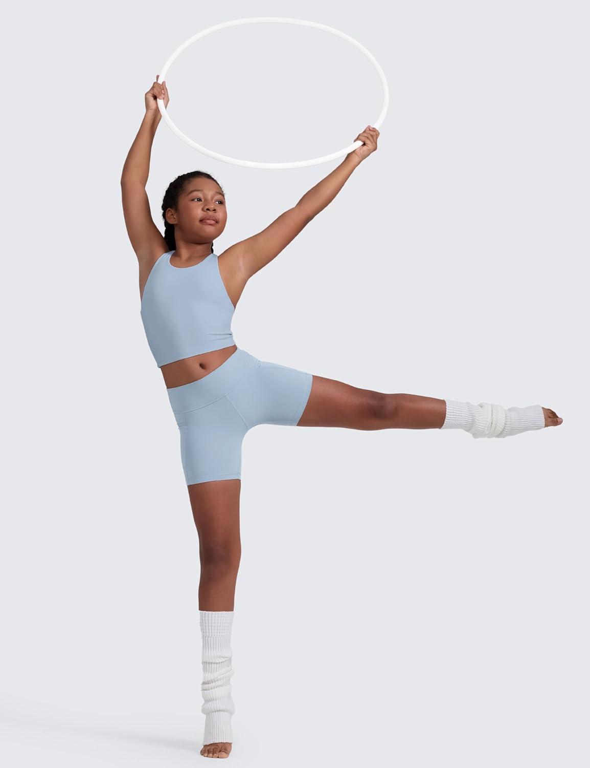 imageCRZ YOGA Girls Butterluxe Double Lined Crop High Neck Tank Tops Dance Yoga Athletic Casual Racerback Tight Kids TeenCambric Blue