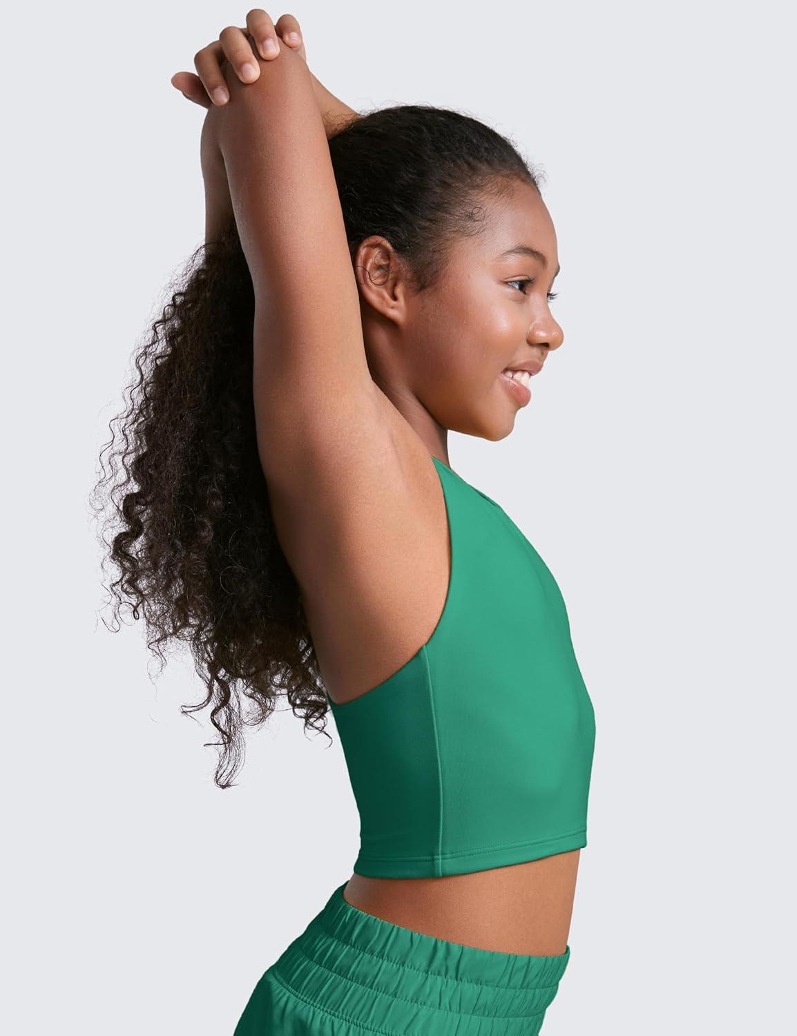 imageCRZ YOGA Girls Butterluxe Double Lined Crop High Neck Tank Tops Dance Yoga Athletic Casual Racerback Tight Kids TeenCascadia Green