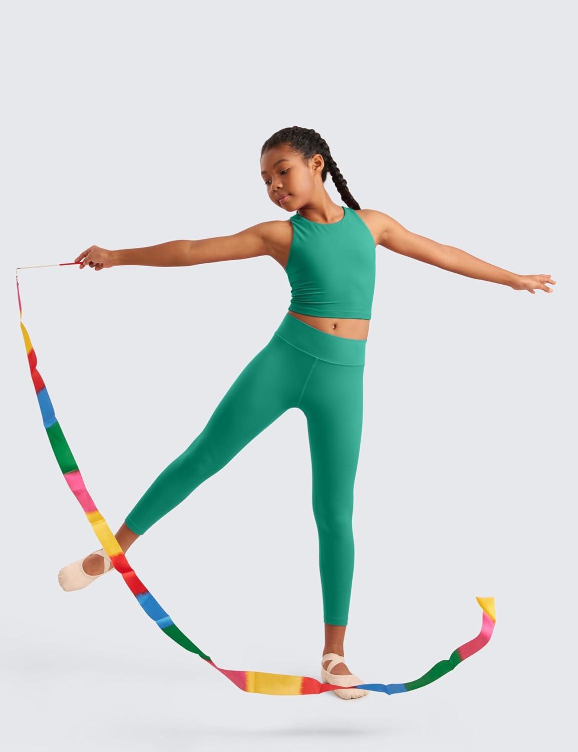 imageCRZ YOGA Girls Butterluxe Double Lined Crop High Neck Tank Tops Dance Yoga Athletic Casual Racerback Tight Kids TeenCascadia Green