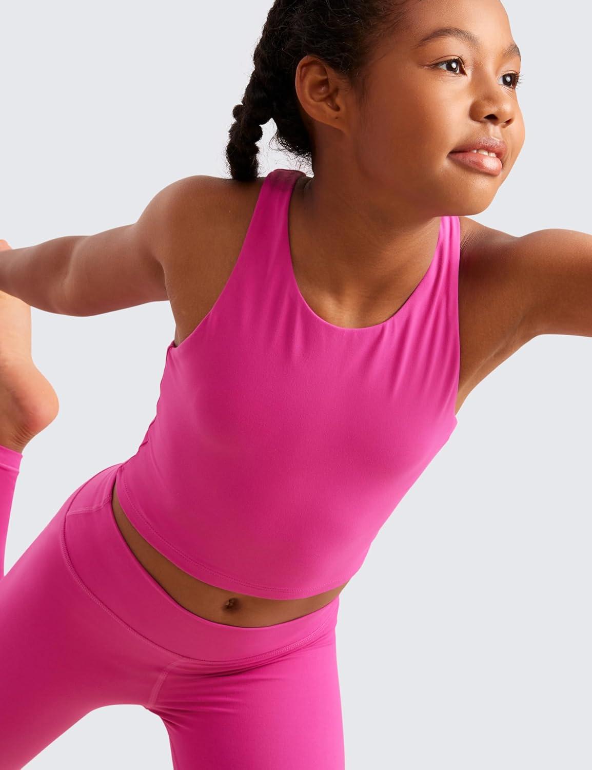 imageCRZ YOGA Girls Butterluxe Double Lined Crop High Neck Tank Tops Dance Yoga Athletic Casual Racerback Tight Kids TeenHibiscus Purple