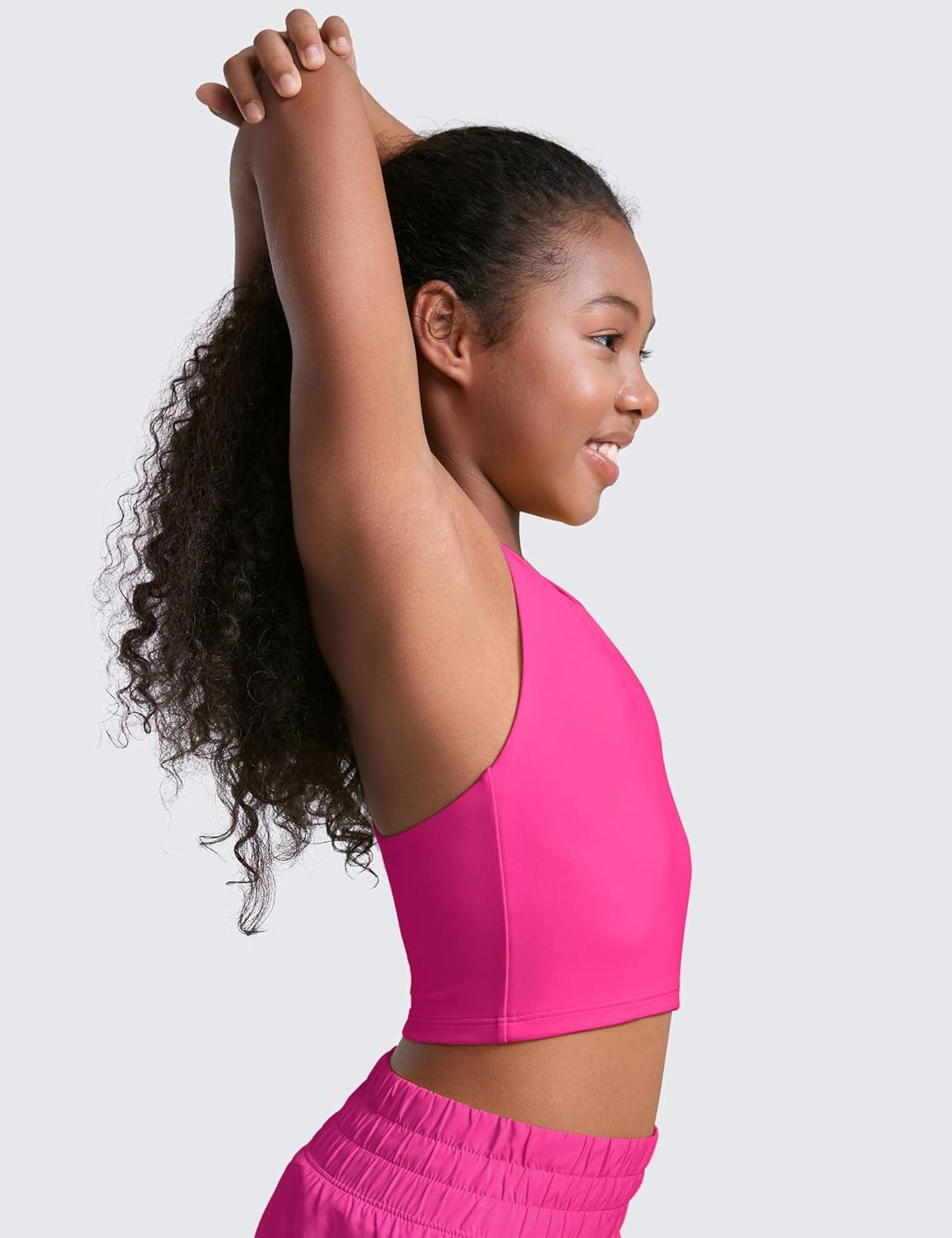 imageCRZ YOGA Girls Butterluxe Double Lined Crop High Neck Tank Tops Dance Yoga Athletic Casual Racerback Tight Kids TeenHibiscus Purple