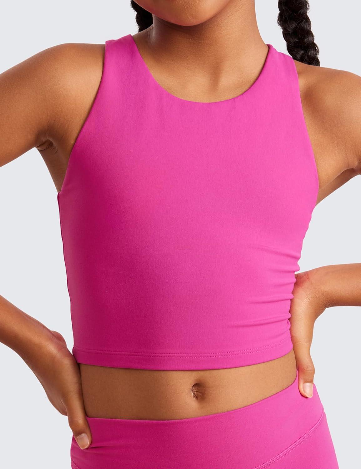 imageCRZ YOGA Girls Butterluxe Double Lined Crop High Neck Tank Tops Dance Yoga Athletic Casual Racerback Tight Kids TeenHibiscus Purple