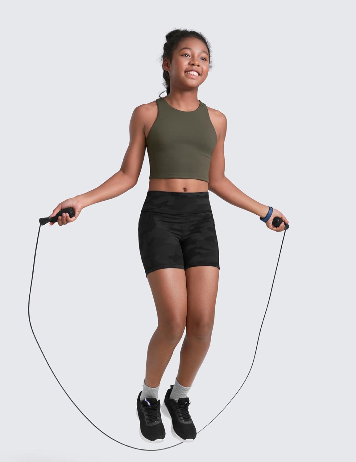 imageCRZ YOGA Girls Butterluxe Double Lined Crop High Neck Tank Tops Dance Yoga Athletic Casual Racerback Tight Kids TeenLight Army Green