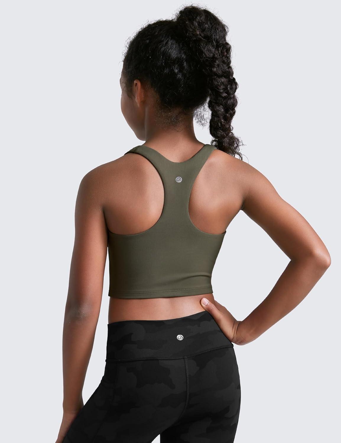 imageCRZ YOGA Girls Butterluxe Double Lined Crop High Neck Tank Tops Dance Yoga Athletic Casual Racerback Tight Kids TeenLight Army Green