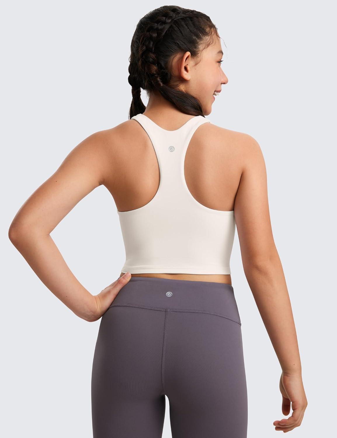 imageCRZ YOGA Girls Butterluxe Double Lined Crop High Neck Tank Tops Dance Yoga Athletic Casual Racerback Tight Kids TeenMilky White