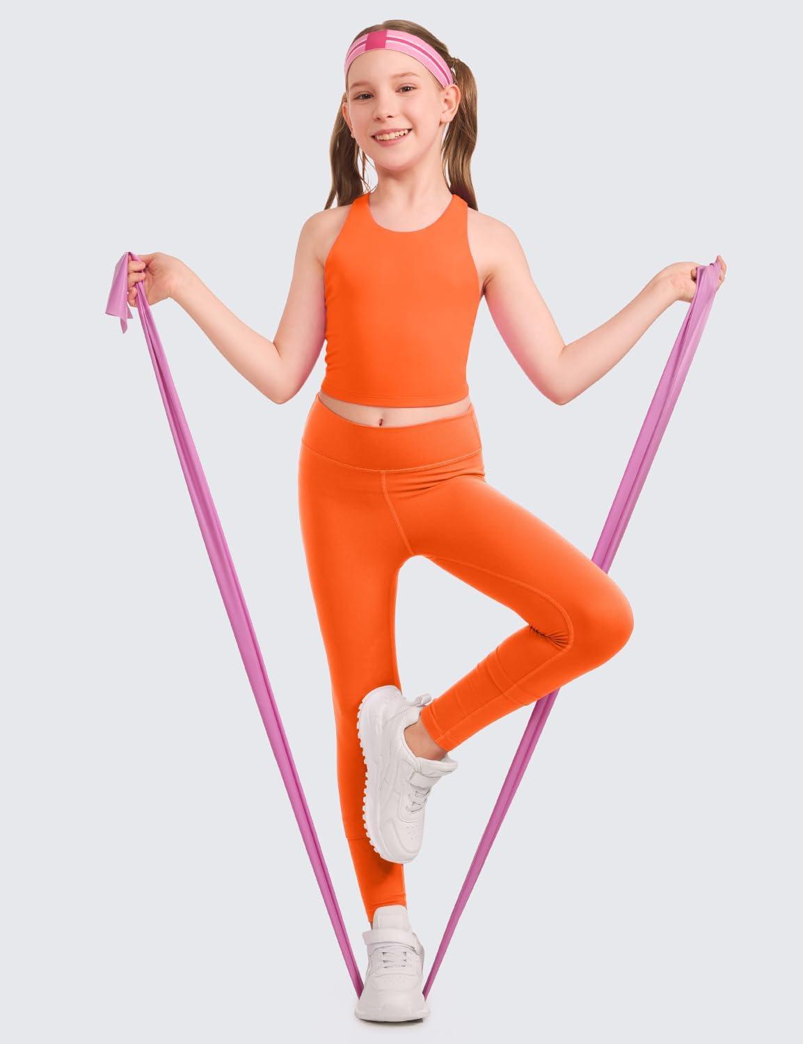 imageCRZ YOGA Girls Butterluxe Double Lined Crop High Neck Tank Tops Dance Yoga Athletic Casual Racerback Tight Kids TeenNeon Orange