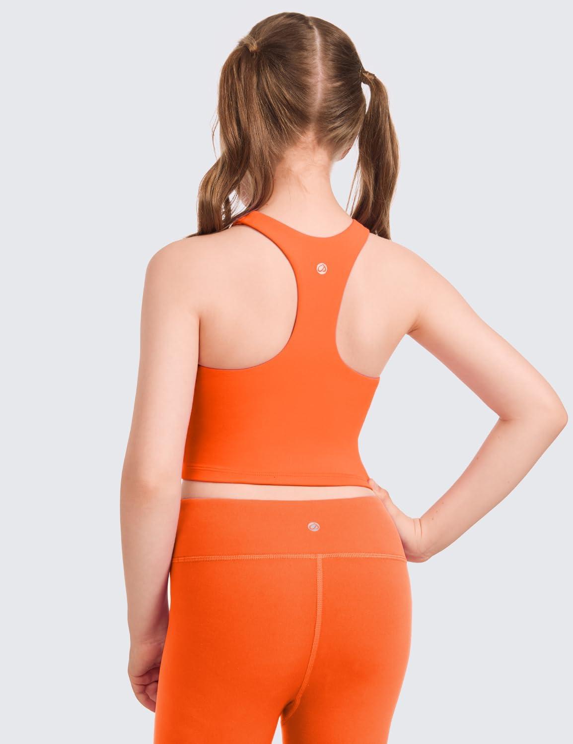 imageCRZ YOGA Girls Butterluxe Double Lined Crop High Neck Tank Tops Dance Yoga Athletic Casual Racerback Tight Kids TeenNeon Orange