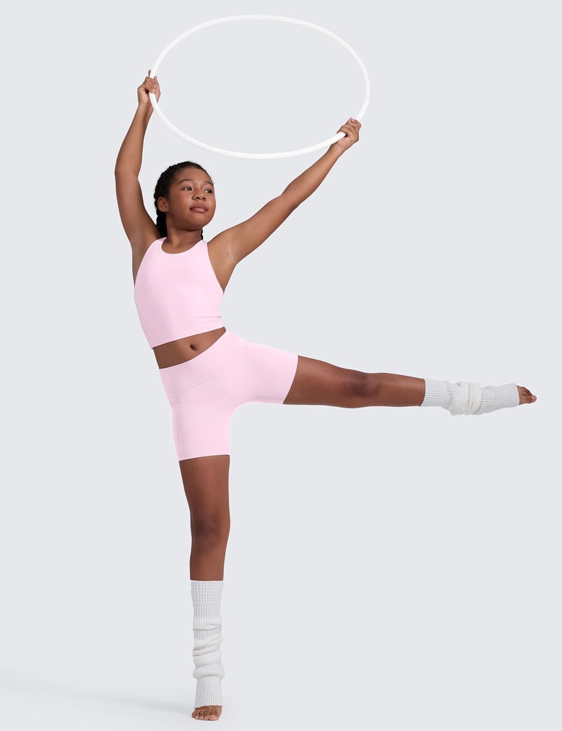 imageCRZ YOGA Girls Butterluxe Double Lined Crop High Neck Tank Tops Dance Yoga Athletic Casual Racerback Tight Kids TeenPink Peony