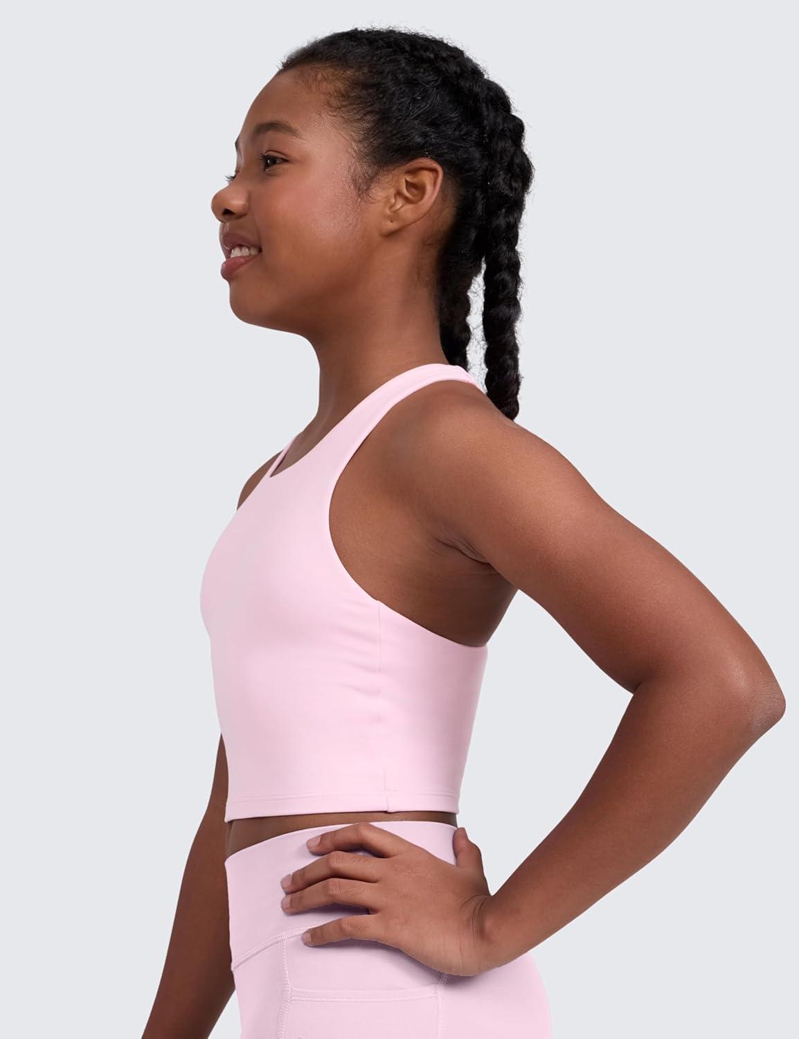 imageCRZ YOGA Girls Butterluxe Double Lined Crop High Neck Tank Tops Dance Yoga Athletic Casual Racerback Tight Kids TeenPink Peony