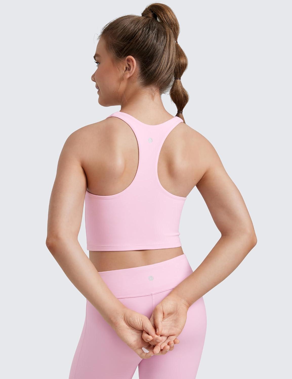 imageCRZ YOGA Girls Butterluxe Double Lined Crop High Neck Tank Tops Dance Yoga Athletic Casual Racerback Tight Kids TeenPink Peony