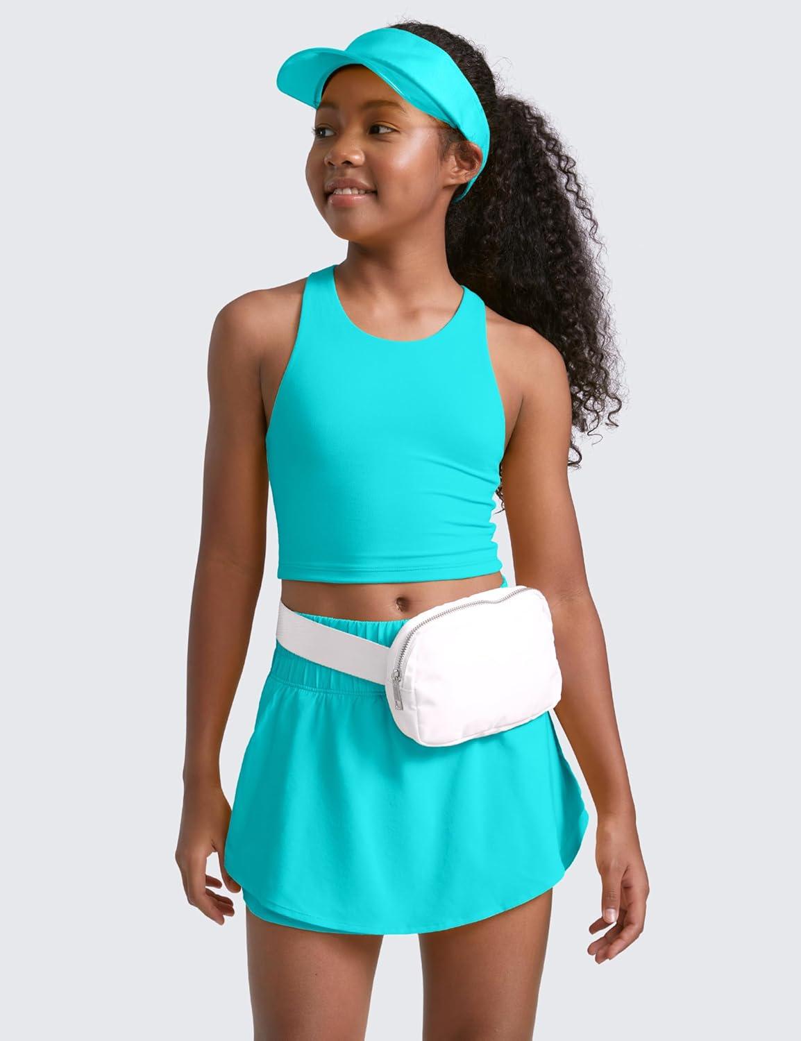 imageCRZ YOGA Girls Butterluxe Double Lined Crop High Neck Tank Tops Dance Yoga Athletic Casual Racerback Tight Kids TeenSpectral Blue