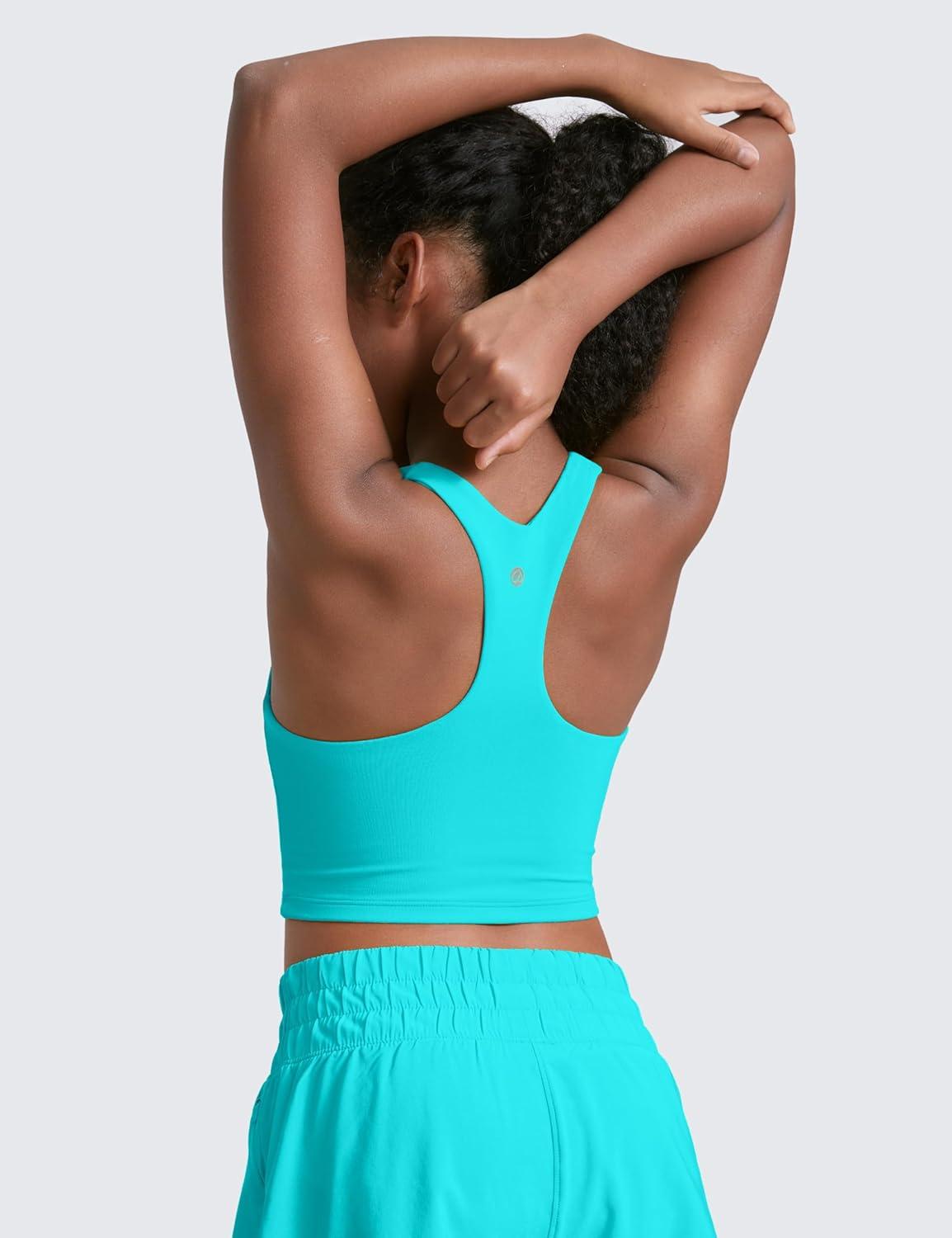 imageCRZ YOGA Girls Butterluxe Double Lined Crop High Neck Tank Tops Dance Yoga Athletic Casual Racerback Tight Kids TeenSpectral Blue