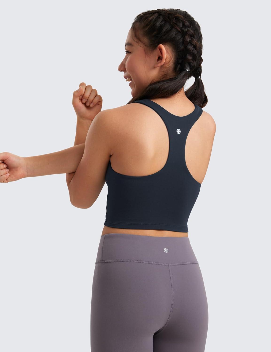 imageCRZ YOGA Girls Butterluxe Double Lined Crop High Neck Tank Tops Dance Yoga Athletic Casual Racerback Tight Kids TeenTrue Navy