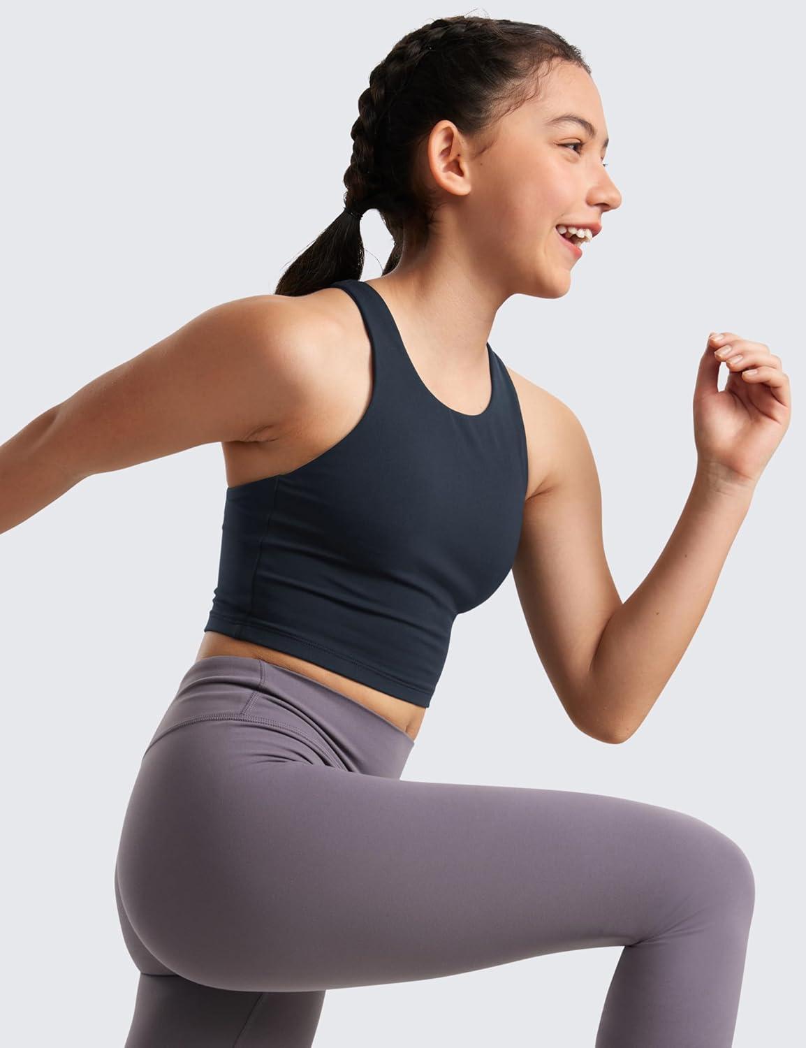 imageCRZ YOGA Girls Butterluxe Double Lined Crop High Neck Tank Tops Dance Yoga Athletic Casual Racerback Tight Kids TeenTrue Navy