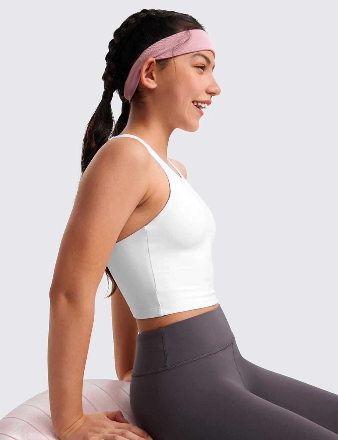imageCRZ YOGA Girls Butterluxe Double Lined Crop High Neck Tank Tops Dance Yoga Athletic Casual Racerback Tight Kids TeenWhite