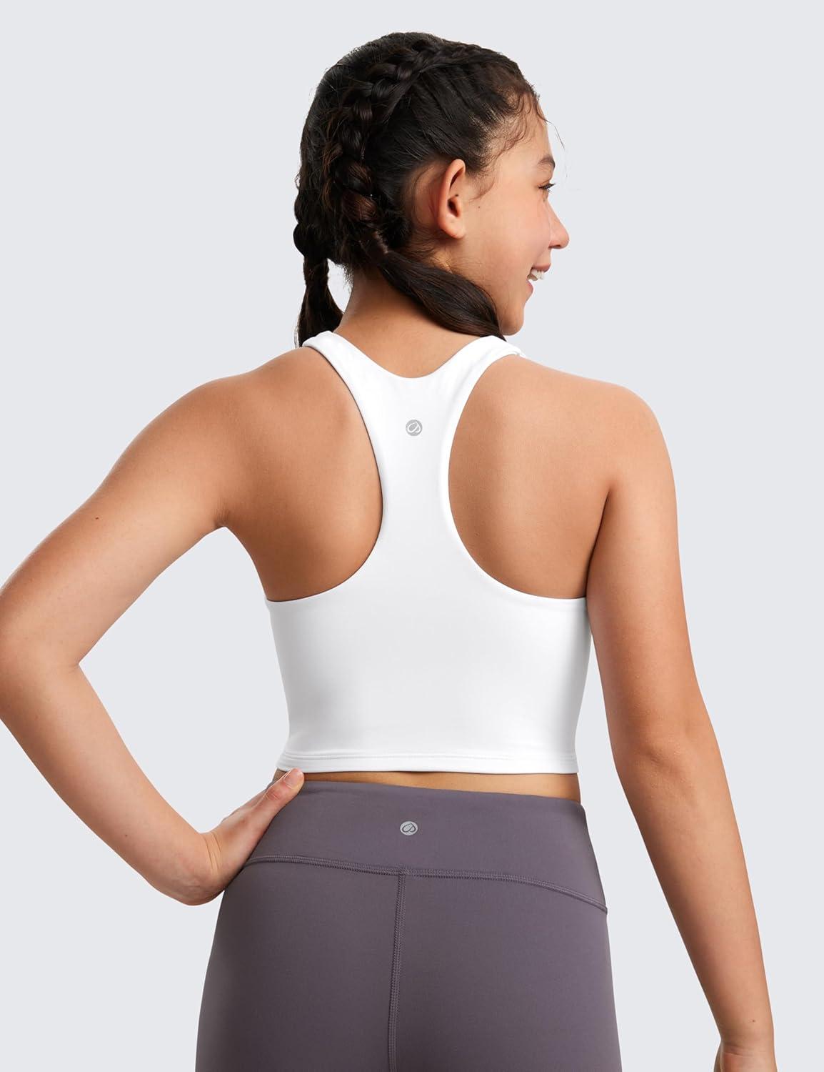 imageCRZ YOGA Girls Butterluxe Double Lined Crop High Neck Tank Tops Dance Yoga Athletic Casual Racerback Tight Kids TeenWhite