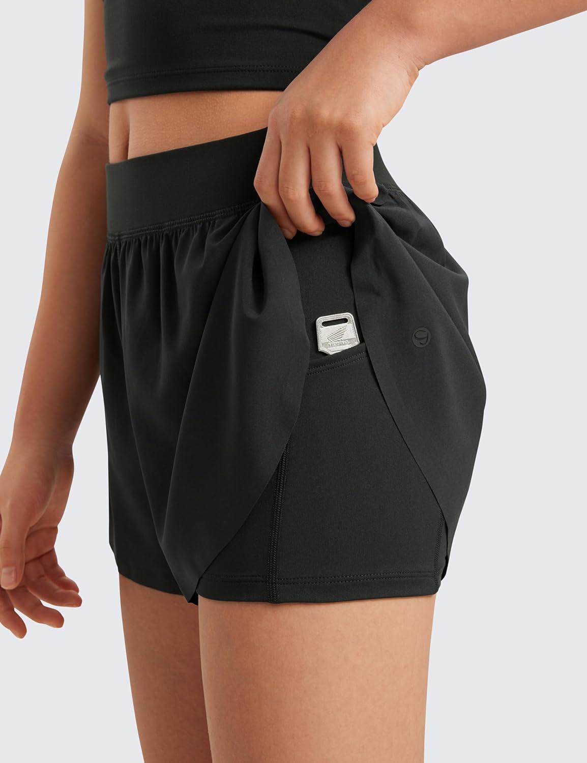 imageCRZ YOGA Girls FeatheryFit Soft 2 in 1 Dolphin Athletic Shorts Tennis Soccer Running Casual Liner Pockets Kids TeenBlack