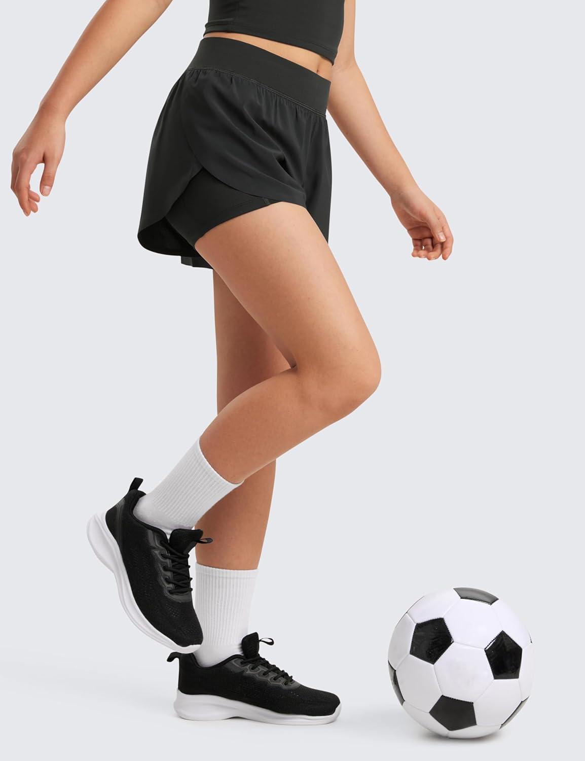 imageCRZ YOGA Girls FeatheryFit Soft 2 in 1 Dolphin Athletic Shorts Tennis Soccer Running Casual Liner Pockets Kids TeenBlack