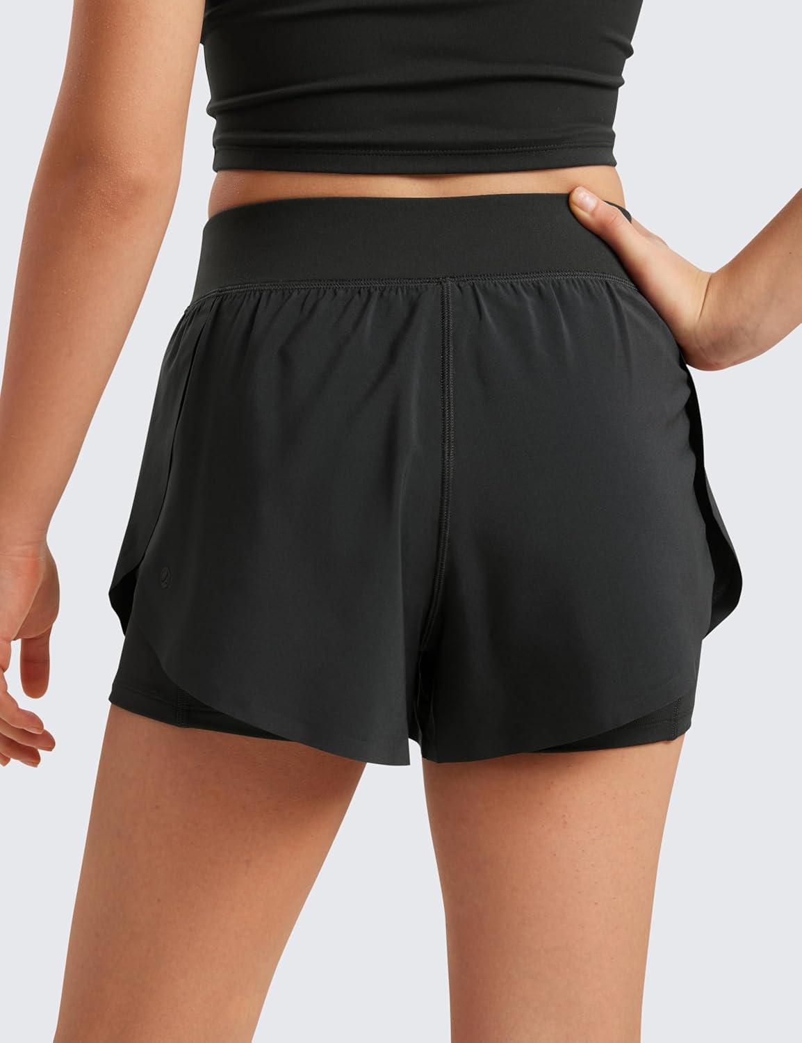 imageCRZ YOGA Girls FeatheryFit Soft 2 in 1 Dolphin Athletic Shorts Tennis Soccer Running Casual Liner Pockets Kids TeenBlack