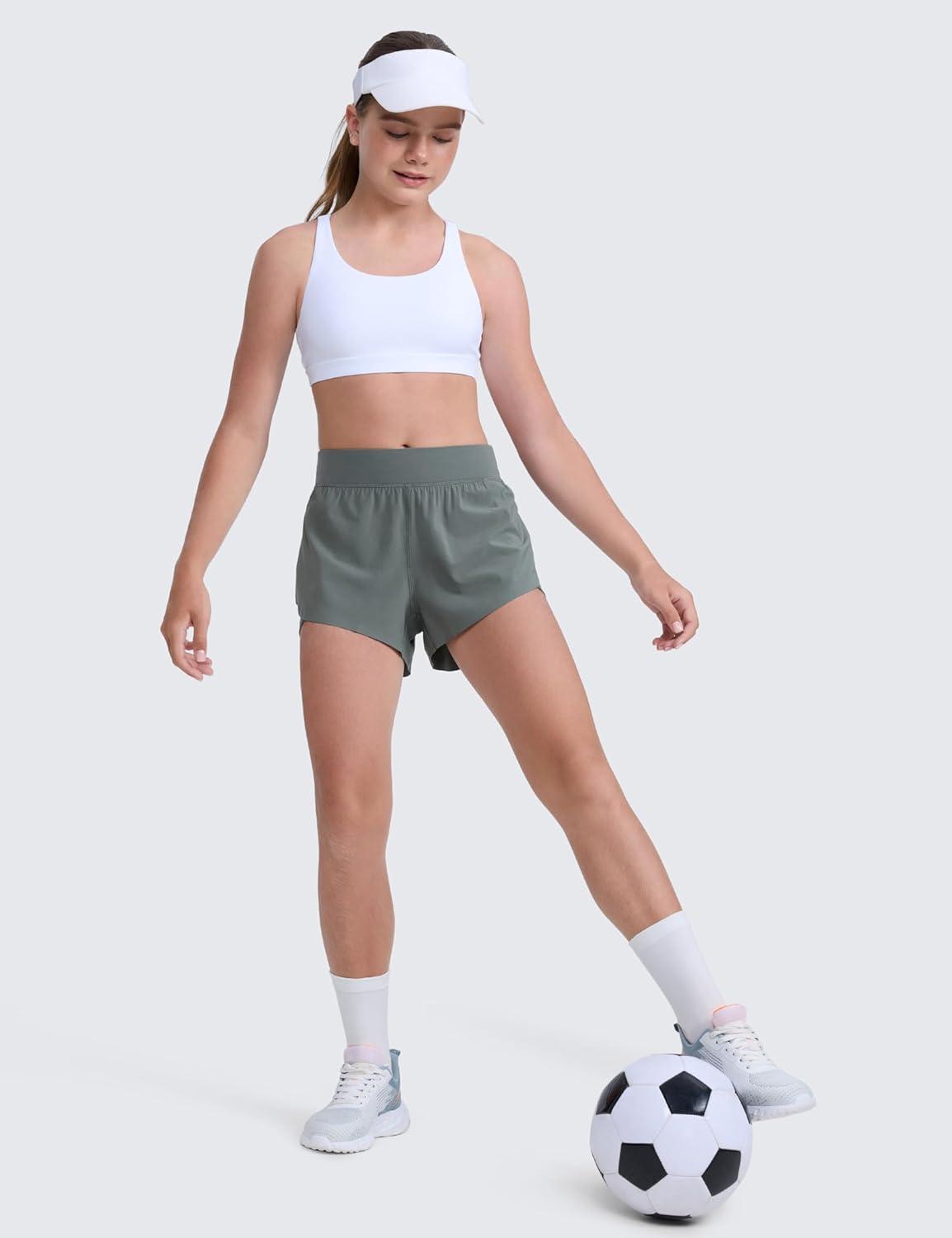 imageCRZ YOGA Girls FeatheryFit Soft 2 in 1 Dolphin Athletic Shorts Tennis Soccer Running Casual Liner Pockets Kids TeenGrey Sage