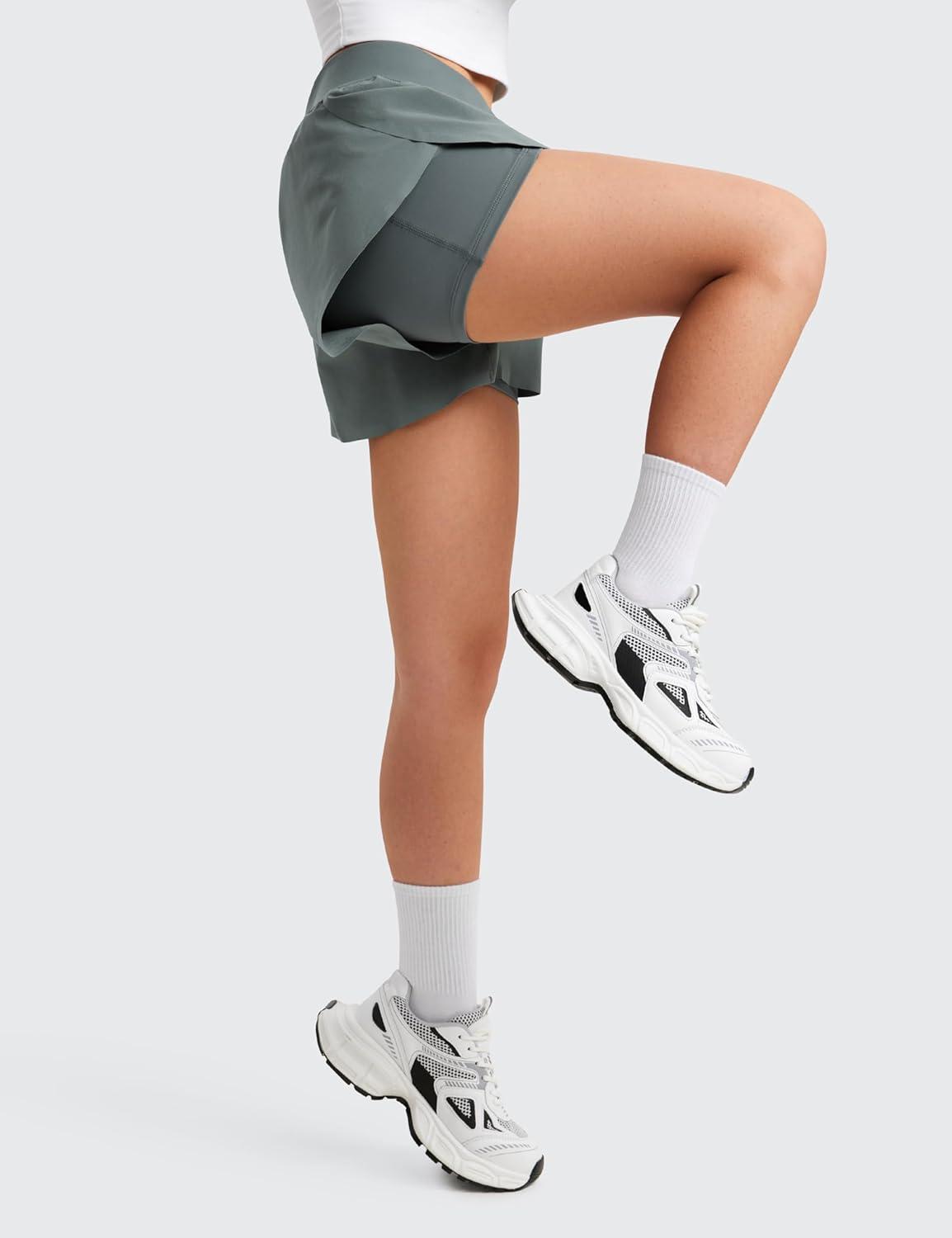 imageCRZ YOGA Girls FeatheryFit Soft 2 in 1 Dolphin Athletic Shorts Tennis Soccer Running Casual Liner Pockets Kids TeenGrey Sage