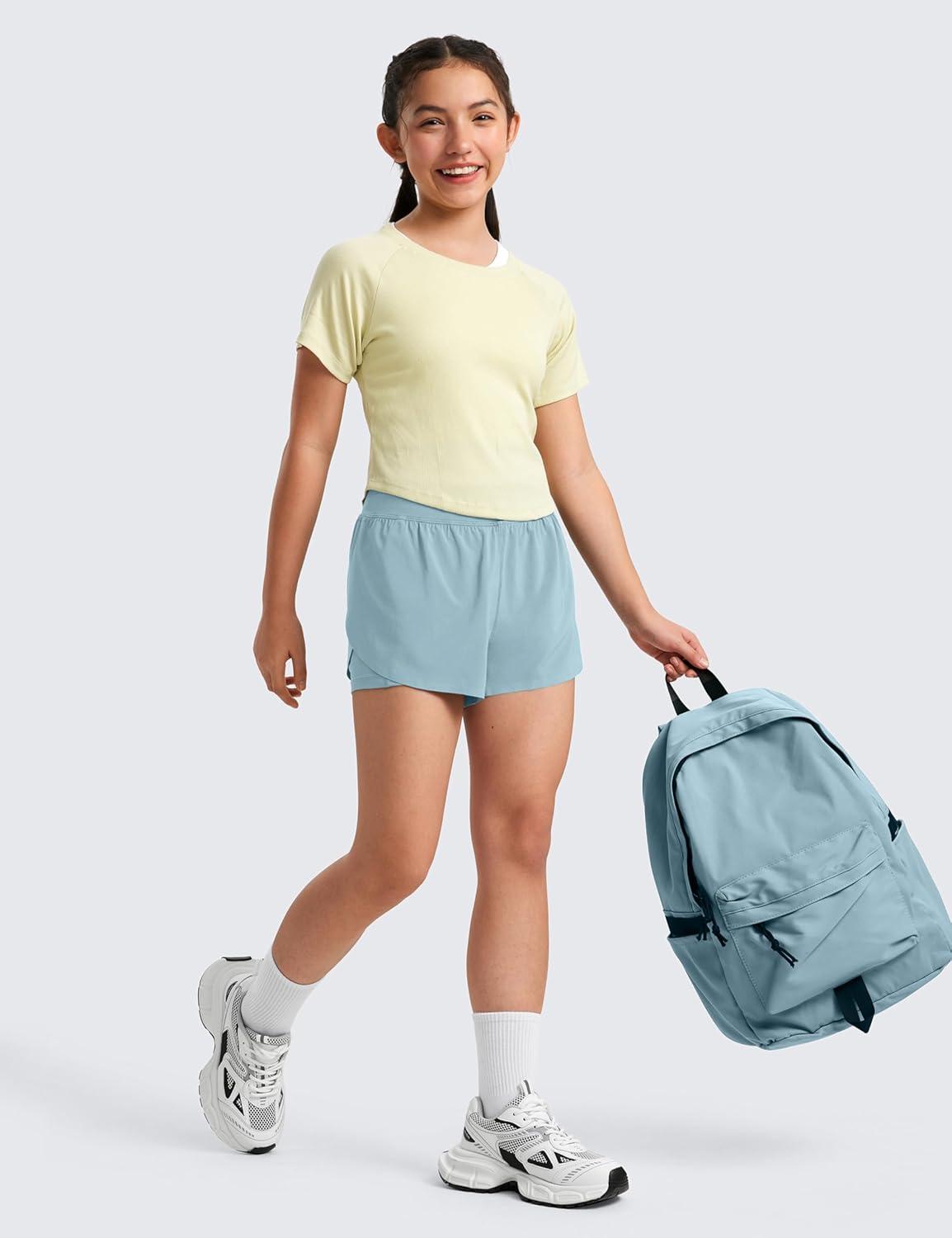 imageCRZ YOGA Girls FeatheryFit Soft 2 in 1 Dolphin Athletic Shorts Tennis Soccer Running Casual Liner Pockets Kids TeenLight Grayish Blue