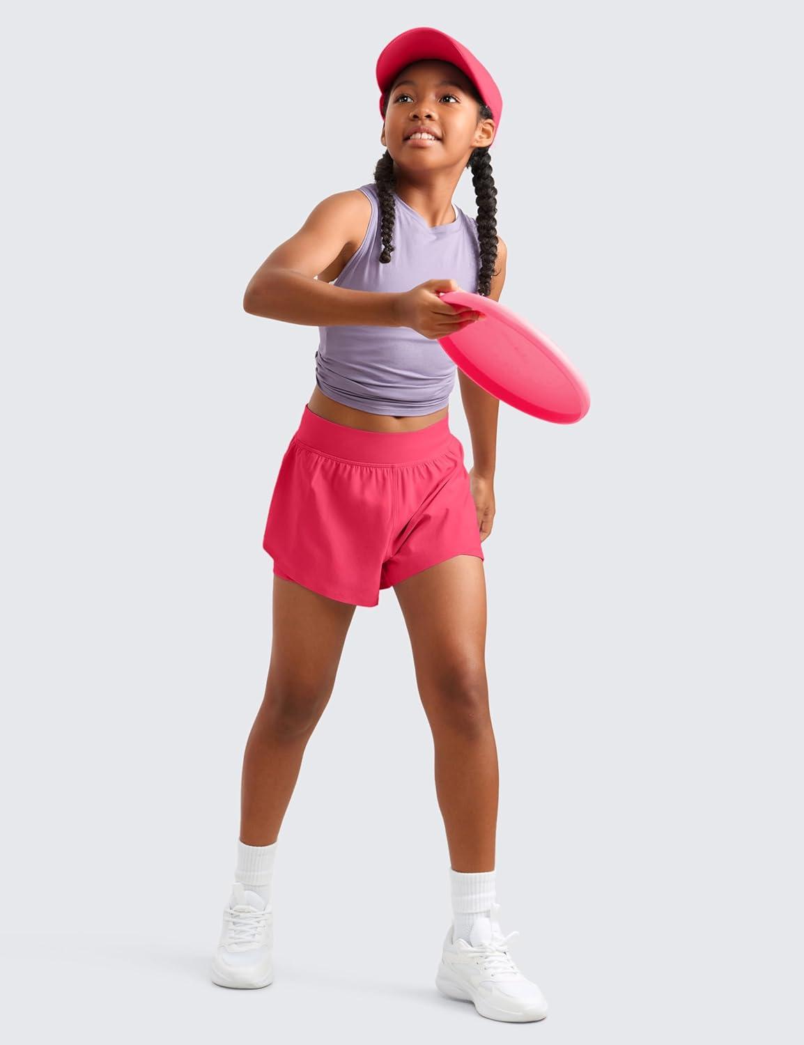 imageCRZ YOGA Girls FeatheryFit Soft 2 in 1 Dolphin Athletic Shorts Tennis Soccer Running Casual Liner Pockets Kids TeenLip Gloss Pink