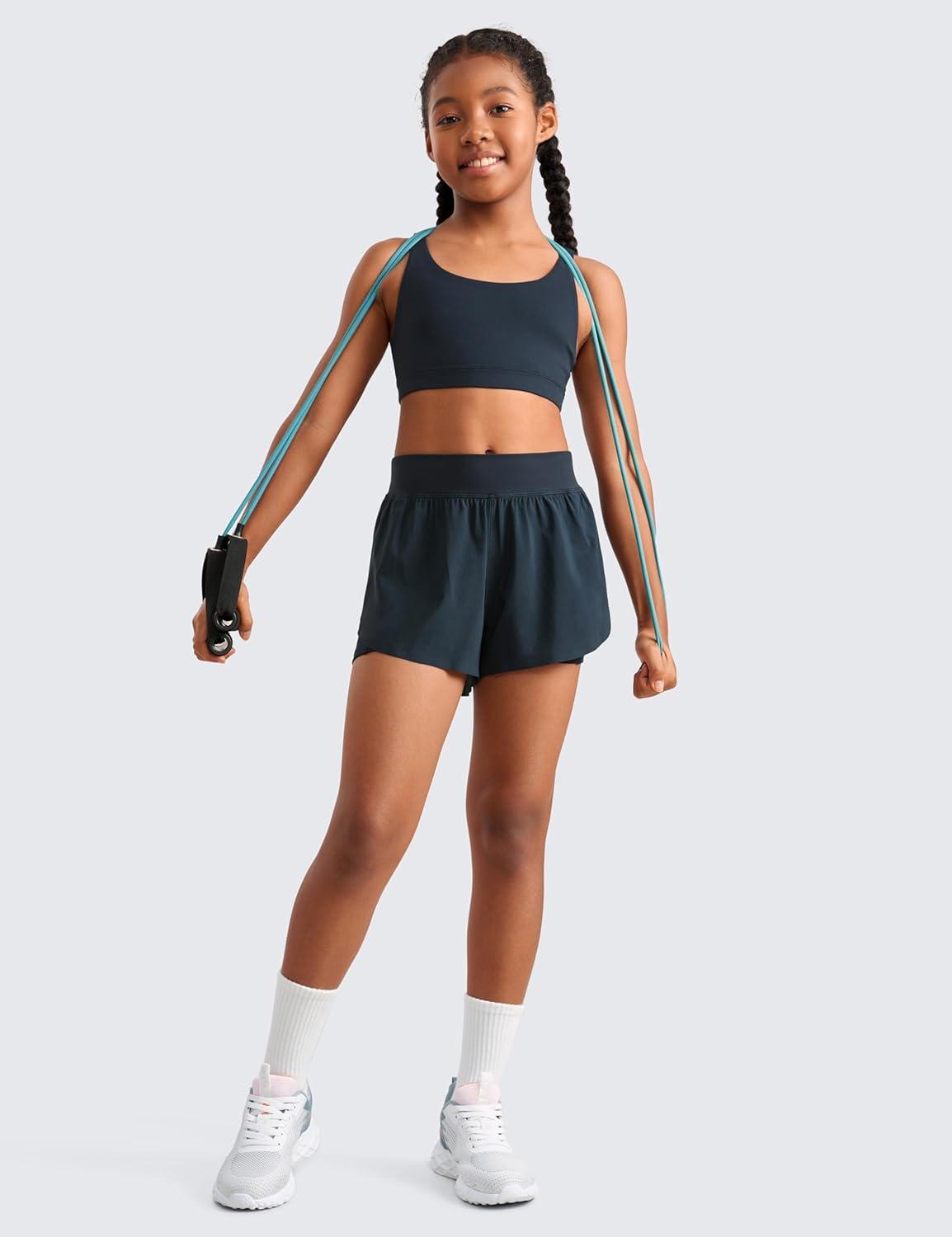 imageCRZ YOGA Girls FeatheryFit Soft 2 in 1 Dolphin Athletic Shorts Tennis Soccer Running Casual Liner Pockets Kids TeenTrue Navy