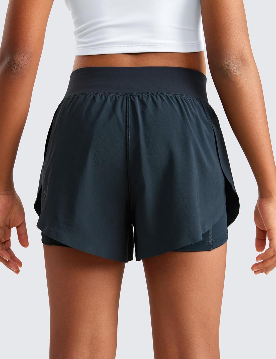 imageCRZ YOGA Girls FeatheryFit Soft 2 in 1 Dolphin Athletic Shorts Tennis Soccer Running Casual Liner Pockets Kids TeenTrue Navy