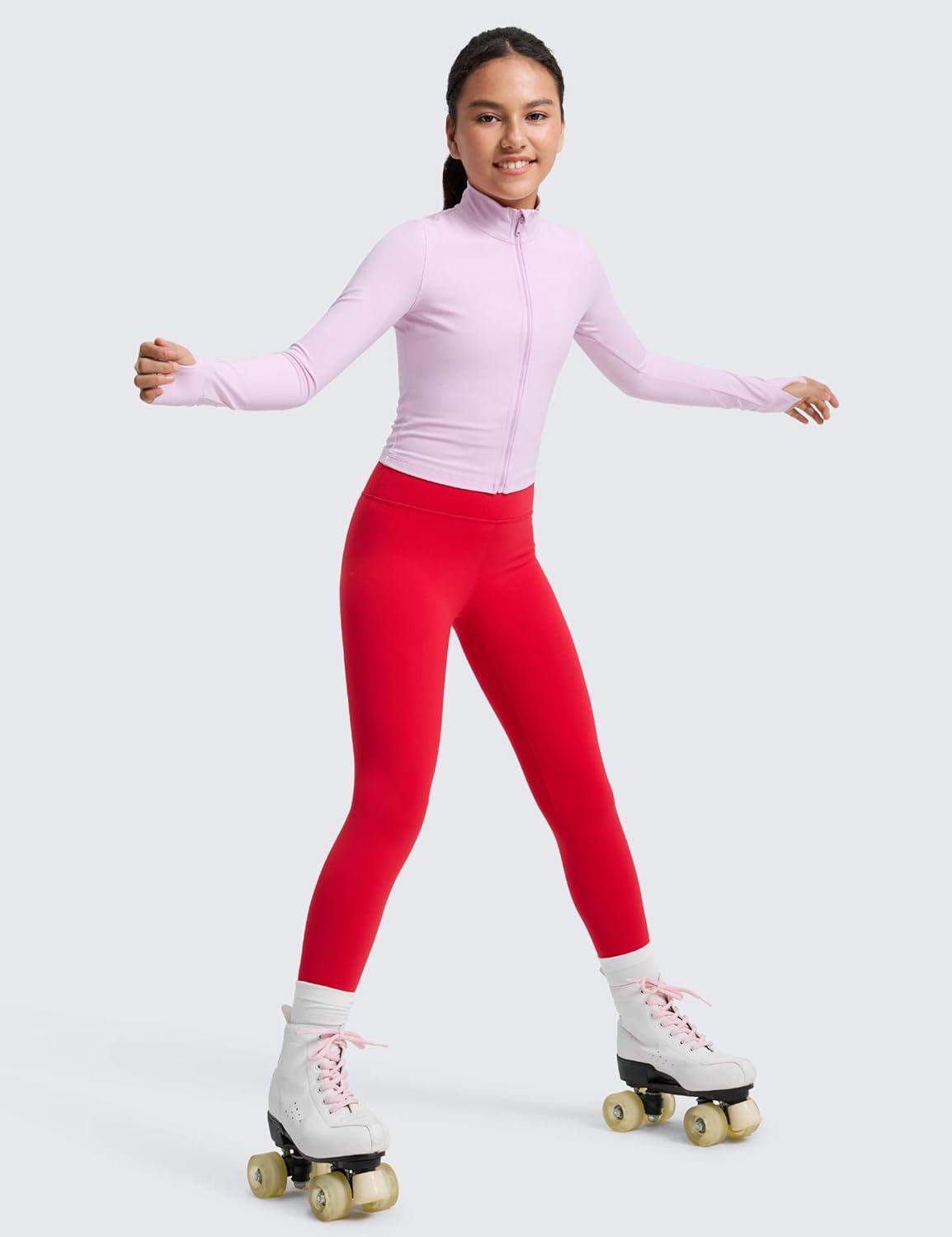 imageCRZ YOGA Girls Fleece Lined Full Length Leggings Matte Casual Athletic Thermal High Waist Pants Winter Warm Kids TeenAurora Red