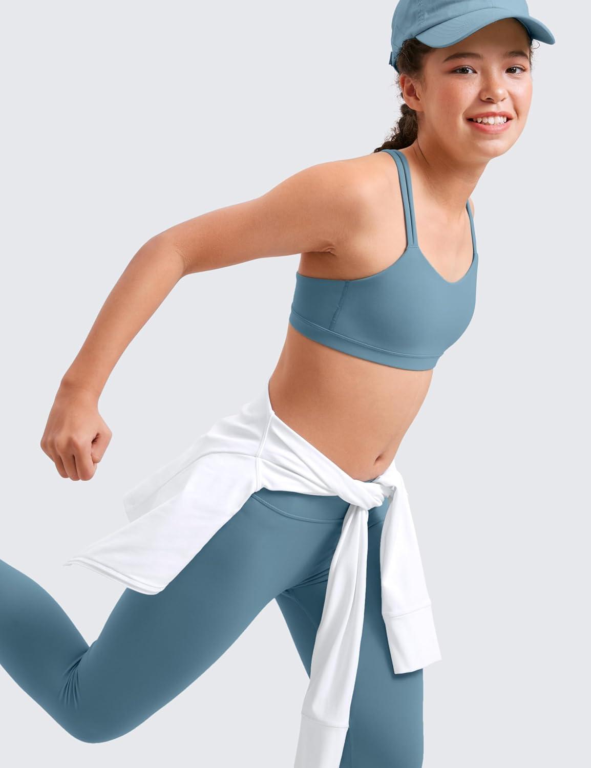 imageCRZ YOGA Girls Softness Mold Butterluxe Sports Bra Yoga Athletic Casual Double Spaghetti Strap Scoop Neck Kids TeenBlue Ashes