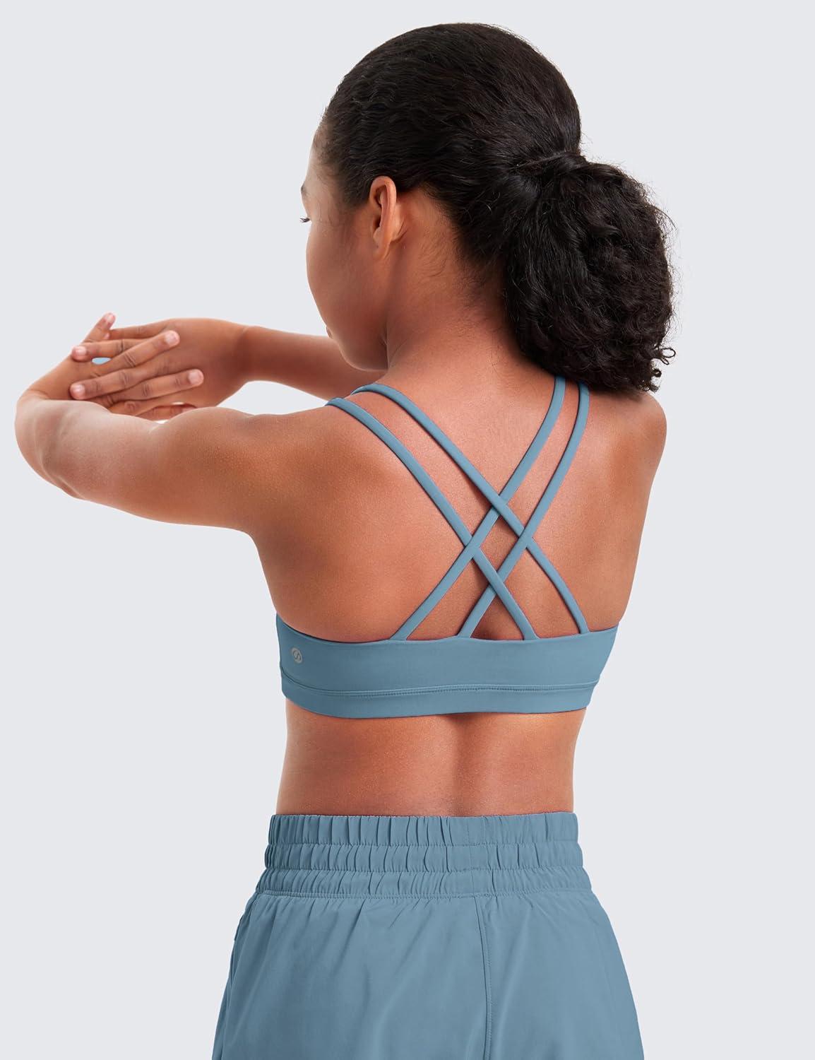 imageCRZ YOGA Girls Softness Mold Butterluxe Sports Bra Yoga Athletic Casual Double Spaghetti Strap Scoop Neck Kids TeenBlue Ashes