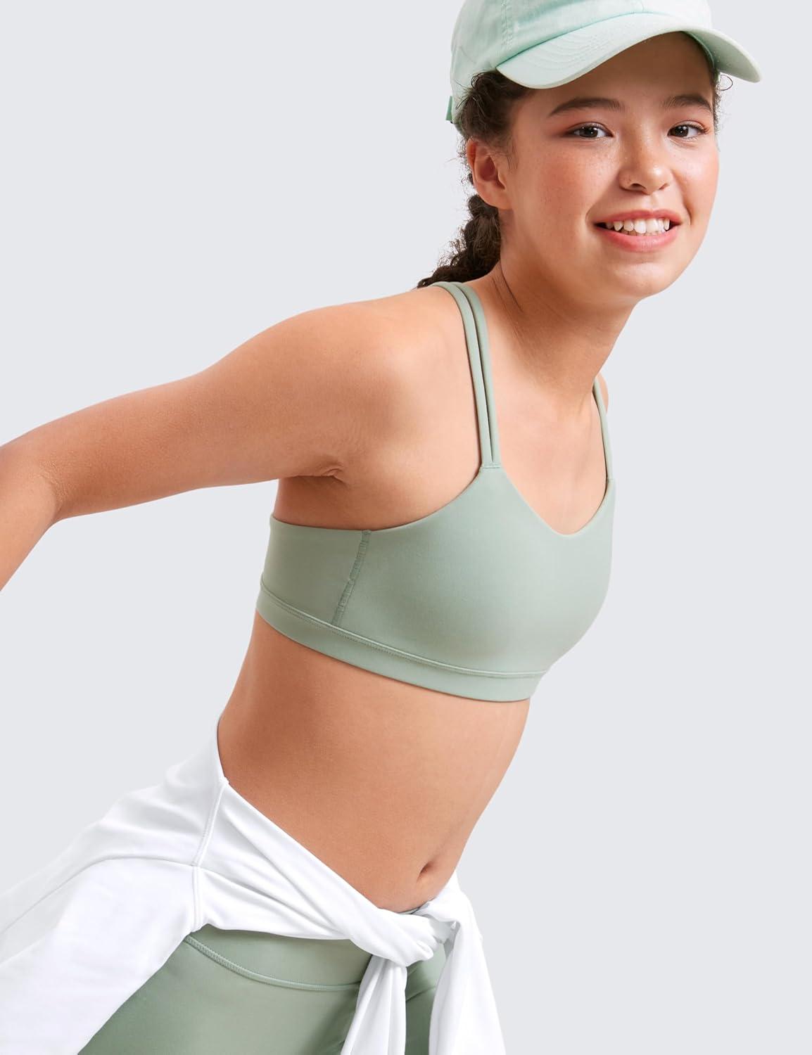 imageCRZ YOGA Girls Softness Mold Butterluxe Sports Bra Yoga Athletic Casual Double Spaghetti Strap Scoop Neck Kids TeenGreen Palm Court