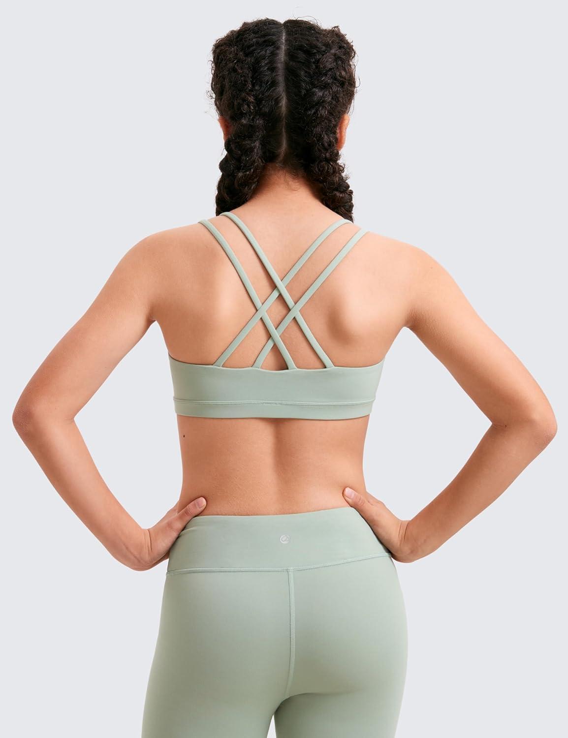 imageCRZ YOGA Girls Softness Mold Butterluxe Sports Bra Yoga Athletic Casual Double Spaghetti Strap Scoop Neck Kids TeenGreen Palm Court