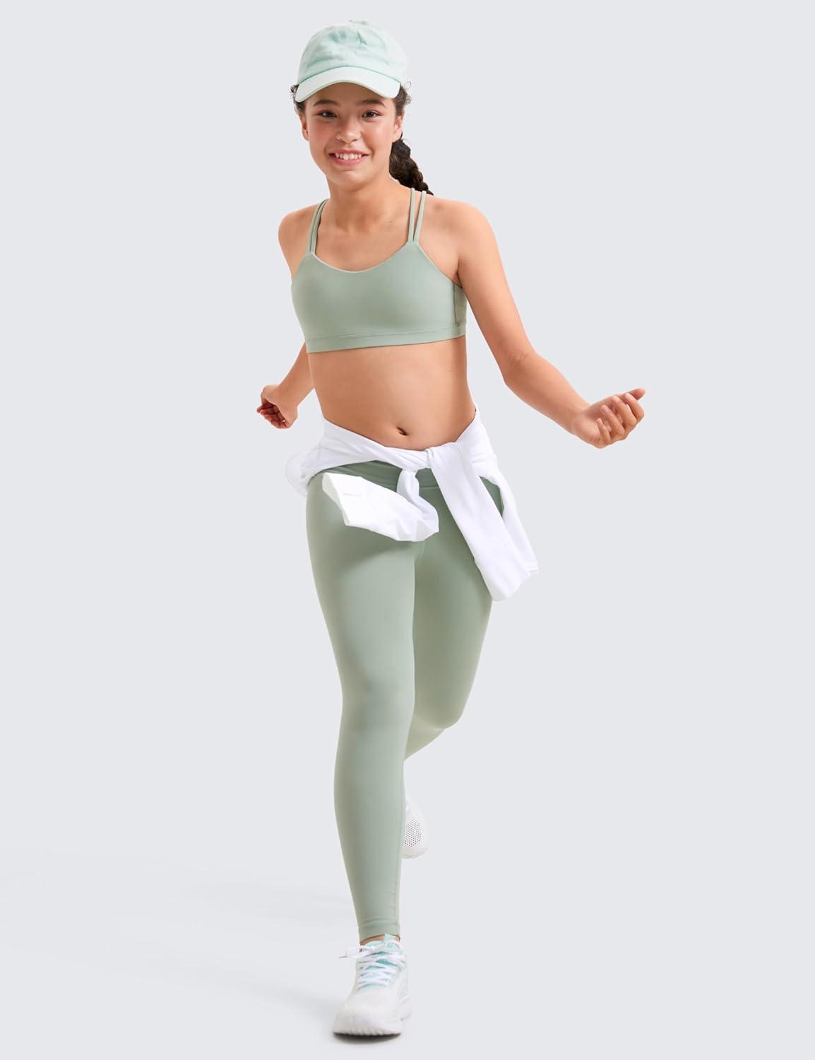 imageCRZ YOGA Girls Softness Mold Butterluxe Sports Bra Yoga Athletic Casual Double Spaghetti Strap Scoop Neck Kids TeenGreen Palm Court