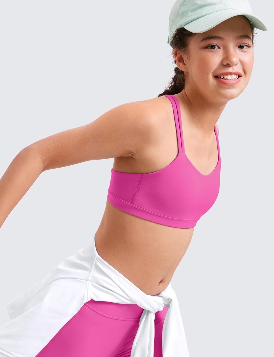 imageCRZ YOGA Girls Softness Mold Butterluxe Sports Bra Yoga Athletic Casual Double Spaghetti Strap Scoop Neck Kids TeenLight Purple