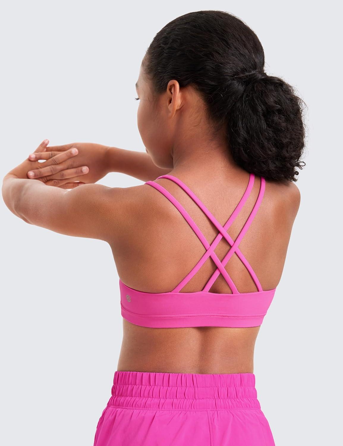 imageCRZ YOGA Girls Softness Mold Butterluxe Sports Bra Yoga Athletic Casual Double Spaghetti Strap Scoop Neck Kids TeenLight Purple