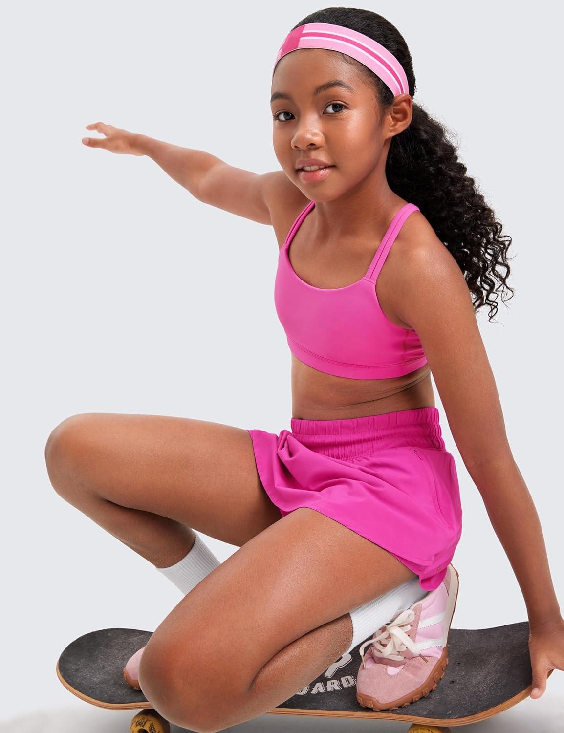 imageCRZ YOGA Girls Softness Mold Butterluxe Sports Bra Yoga Athletic Casual Double Spaghetti Strap Scoop Neck Kids TeenLight Purple