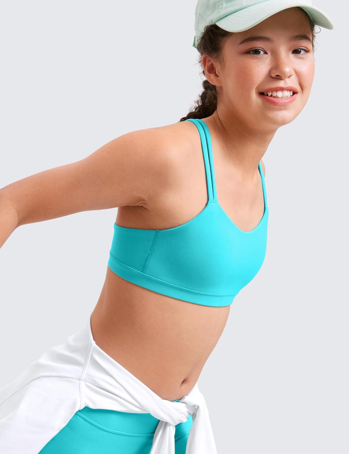 imageCRZ YOGA Girls Softness Mold Butterluxe Sports Bra Yoga Athletic Casual Double Spaghetti Strap Scoop Neck Kids TeenSpectral Blue