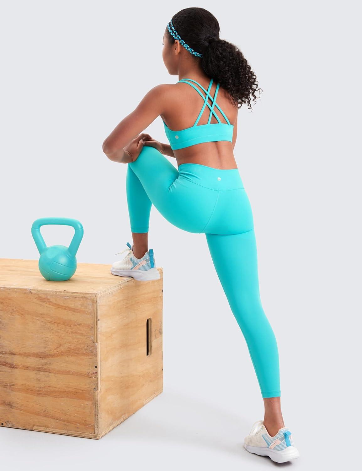 imageCRZ YOGA Girls Softness Mold Butterluxe Sports Bra Yoga Athletic Casual Double Spaghetti Strap Scoop Neck Kids TeenSpectral Blue