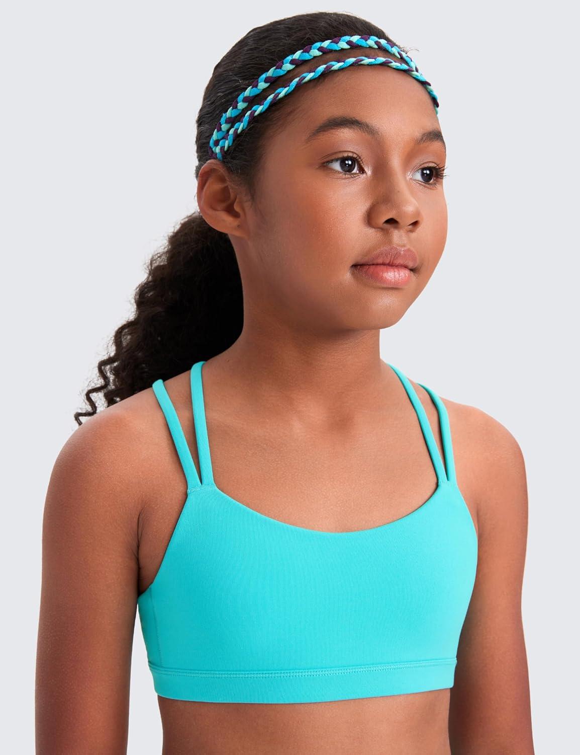 imageCRZ YOGA Girls Softness Mold Butterluxe Sports Bra Yoga Athletic Casual Double Spaghetti Strap Scoop Neck Kids TeenSpectral Blue
