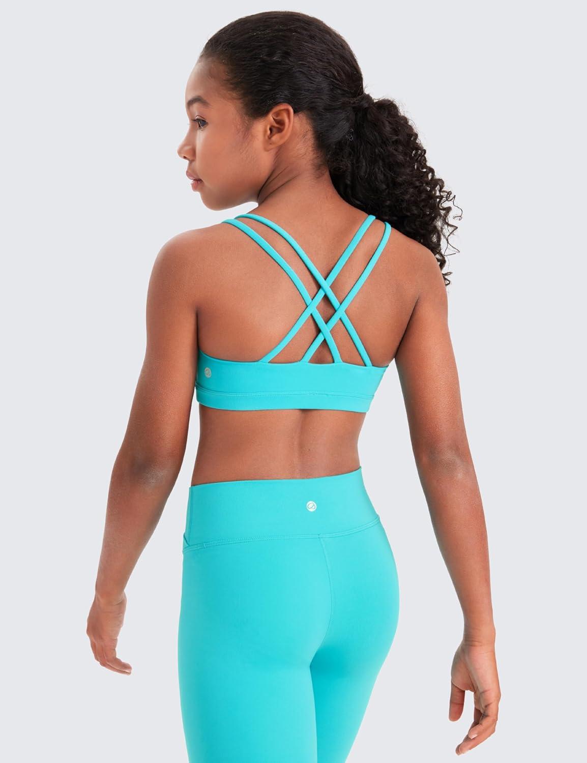 imageCRZ YOGA Girls Softness Mold Butterluxe Sports Bra Yoga Athletic Casual Double Spaghetti Strap Scoop Neck Kids TeenSpectral Blue